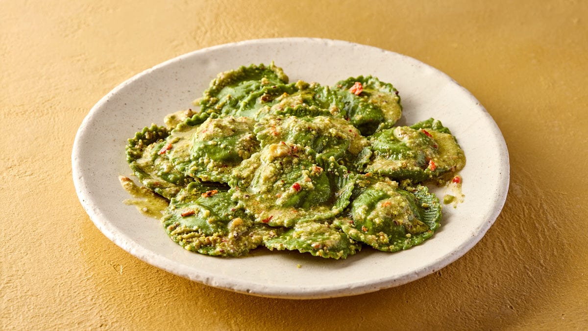 Pea spinach soli with pistachio chilli lemon pesto Pasta