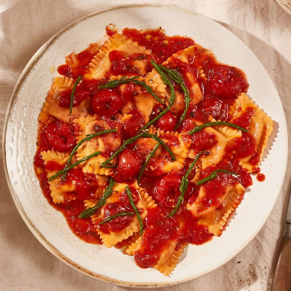 Prawn & 'nduja ravioli with a cherry tomato sauce and samphire Pasta